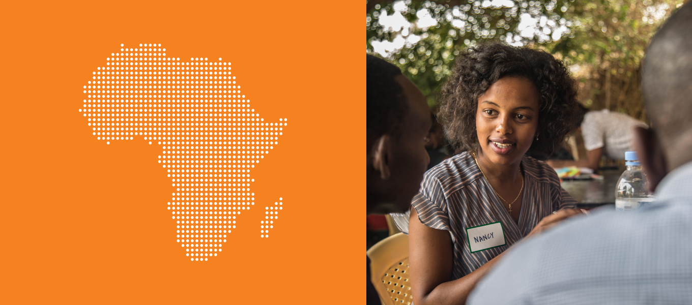 2-column panel image of a map of the African continent and people collaborating
