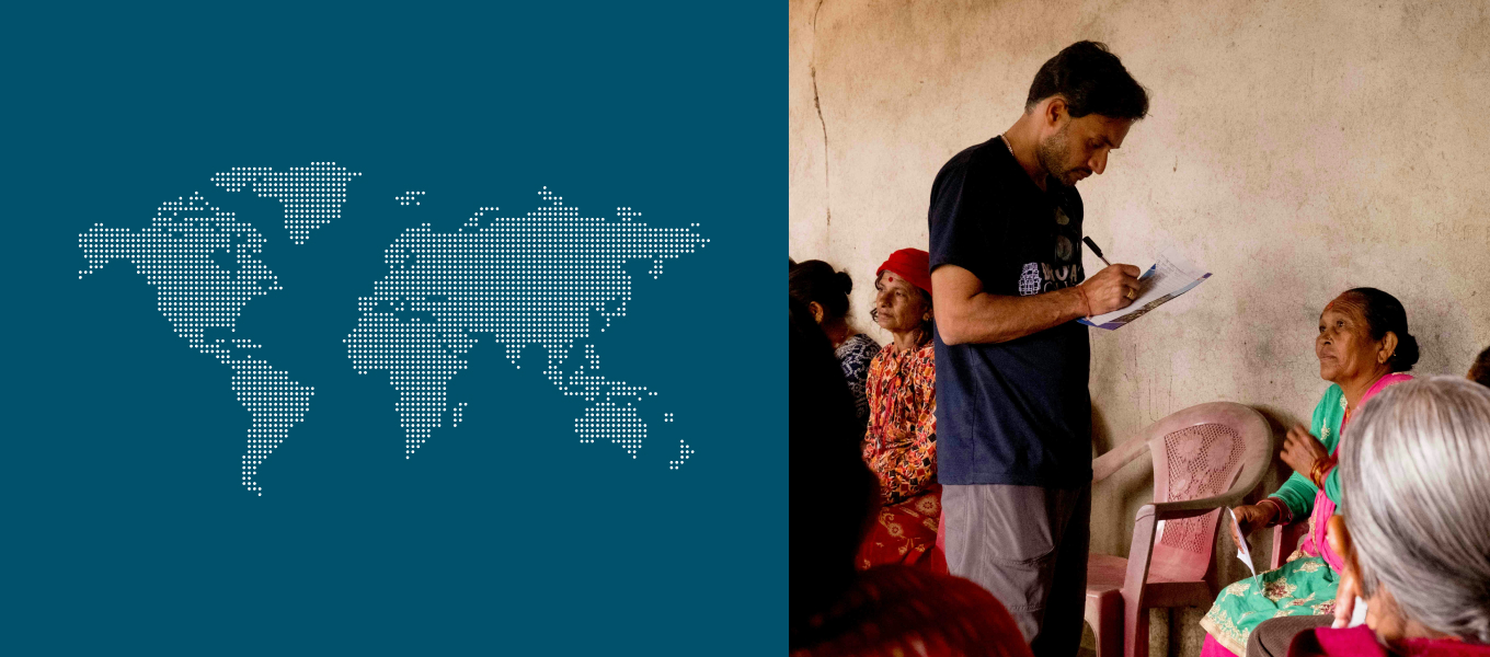 2-column panel image of the world map and a male talking with patients